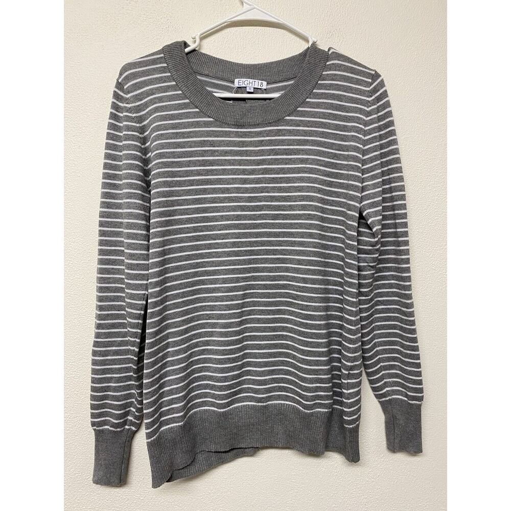 Eight 18 Striped Long Sleeve Womens Pullover Gray & White Sweater Size S NWOT